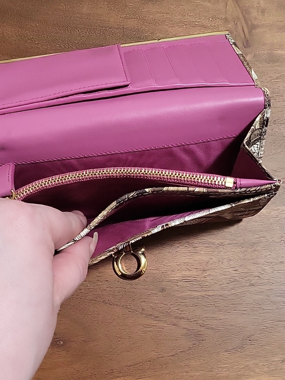 Salvatore Ferragamo Feather Print Leather Wallet in Brown, Pink & Cream - Picture 15 of 16